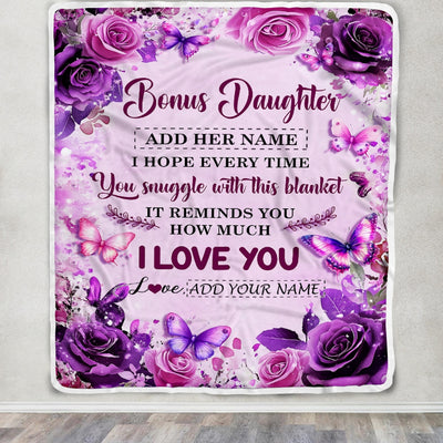 Personalized To My Bonus Daughter Gifts Blanket From Stepmom Stepdad Purple Floral Birthday Gifts For Stepdaughter Graduation Christmas Fleece Throw Blanket | siriusteestore