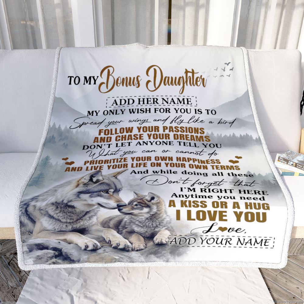 Personalized To My Bonus Daughter Gifts Blanket From Stepmom Wolf My Only Wish For You Stepdaughter Birthday Gifts Graduation Christmas Fleece Throw Blanket | siriusteestore