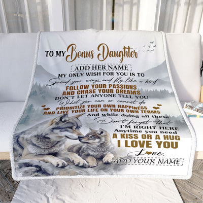 Personalized To My Bonus Daughter Gifts Blanket From Stepmom Wolf My Only Wish For You Stepdaughter Birthday Gifts Graduation Christmas Fleece Throw Blanket | siriusteestore