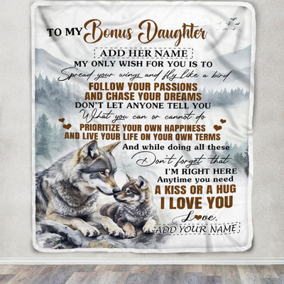 Personalized To My Bonus Daughter Gifts Blanket From Stepmom Wolf My Only Wish For You Stepdaughter Birthday Gifts Graduation Christmas Fleece Throw Blanket | siriusteestore