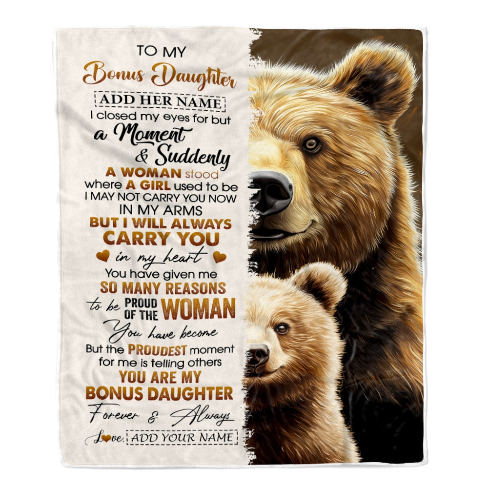 Personalized To My Bonus Daughter Gifts Blanket From Stepmother Dad I Close My Eyes Bear Stepdaughter Birthday Gifts Graduation Christmas Fleece Blanket | siriusteestore