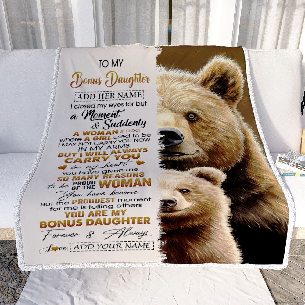 Personalized To My Bonus Daughter Gifts Blanket From Stepmother Dad I Close My Eyes Bear Stepdaughter Birthday Gifts Graduation Christmas Fleece Blanket | siriusteestore