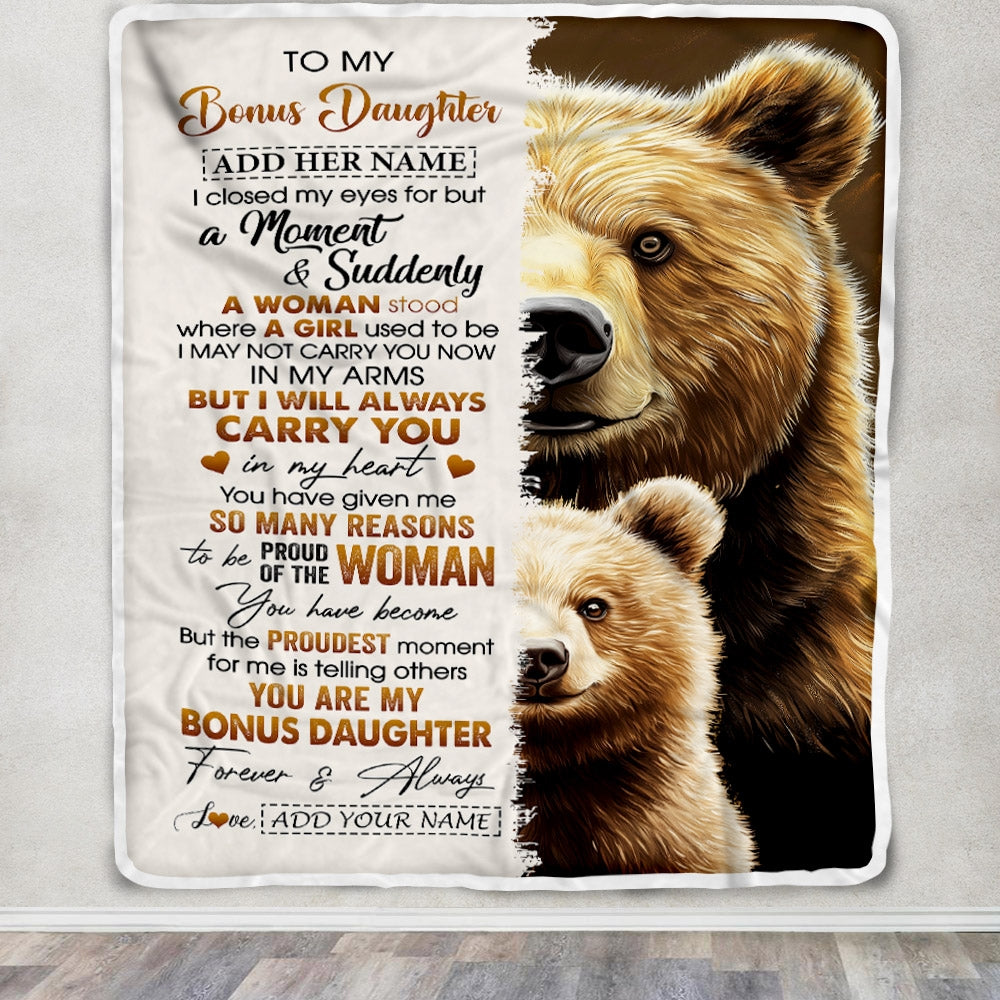 Personalized To My Bonus Daughter Gifts Blanket From Stepmother Dad I Close My Eyes Bear Stepdaughter Birthday Gifts Graduation Christmas Fleece Blanket | siriusteestore