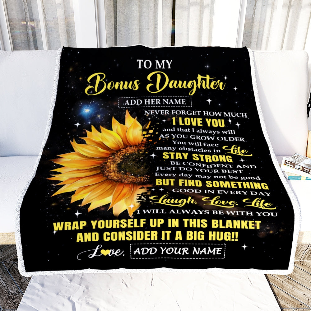 Personalized To My Bonus Daughter Gifts Blanket Purple Wood How Much I Love You Custom Stepdaughter Birthday Gifts Graduation Christmas Fleece Throw Blanket | siriusteestore