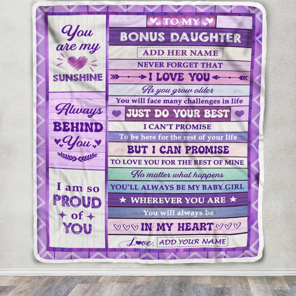 Personalized To My Bonus Daughter Gifts Blanket Purple Wood Sunshine In My Heart Custom Gift For Stepdaughter Birthday Graduation Christmas Fleece Blanket | siriusteestore