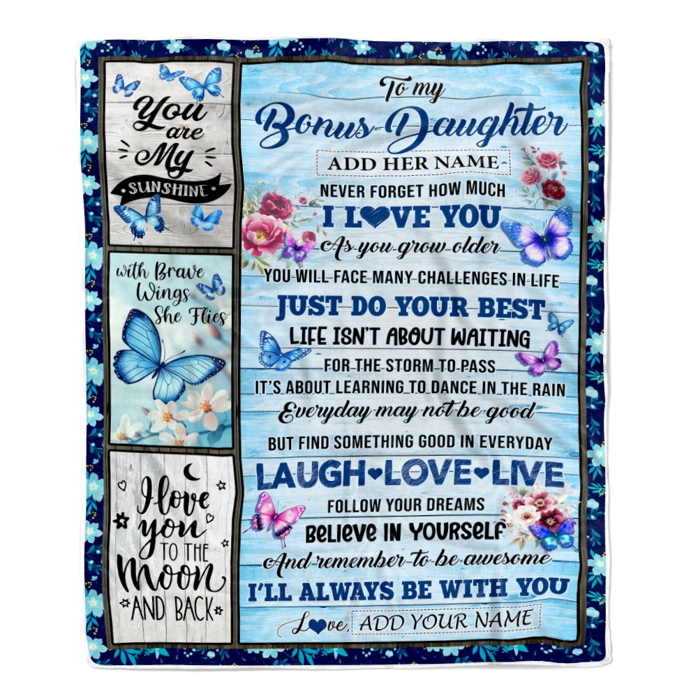 Personalized To My Bonus Daughter Gifts Blanket Wood Butterfly Believe In Yourself Custom Stepdaughter Birthday Gifts Graduation Christmas Fleece Blanket | siriusteestore