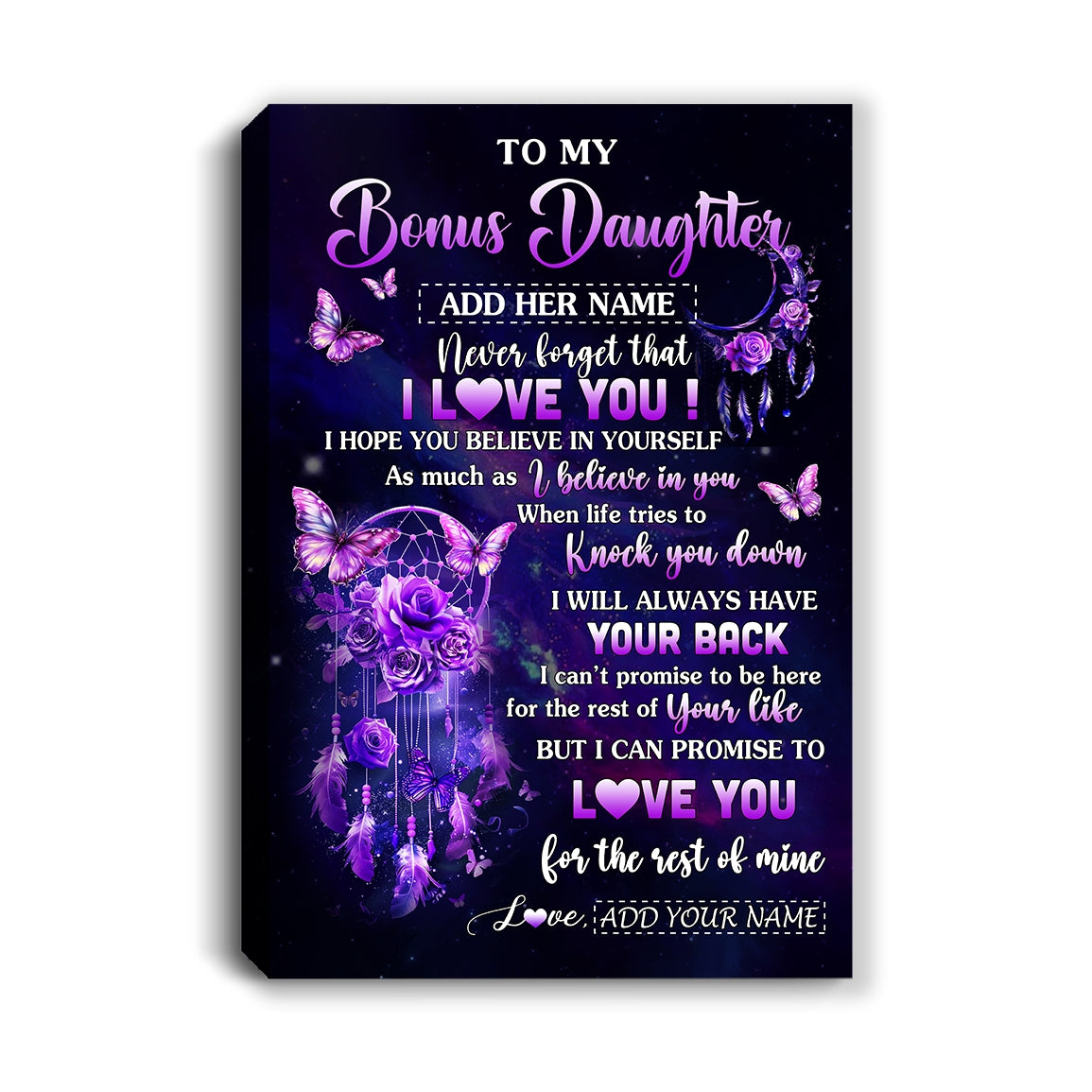 Personalized To My Bonus Daughter Gifts Canvas From Step Mom Floral Butterfly Love You Stepdaughter Birthday Gifts Graduation Christmas Custom Wall Art Framed Canvas | siriusteestore