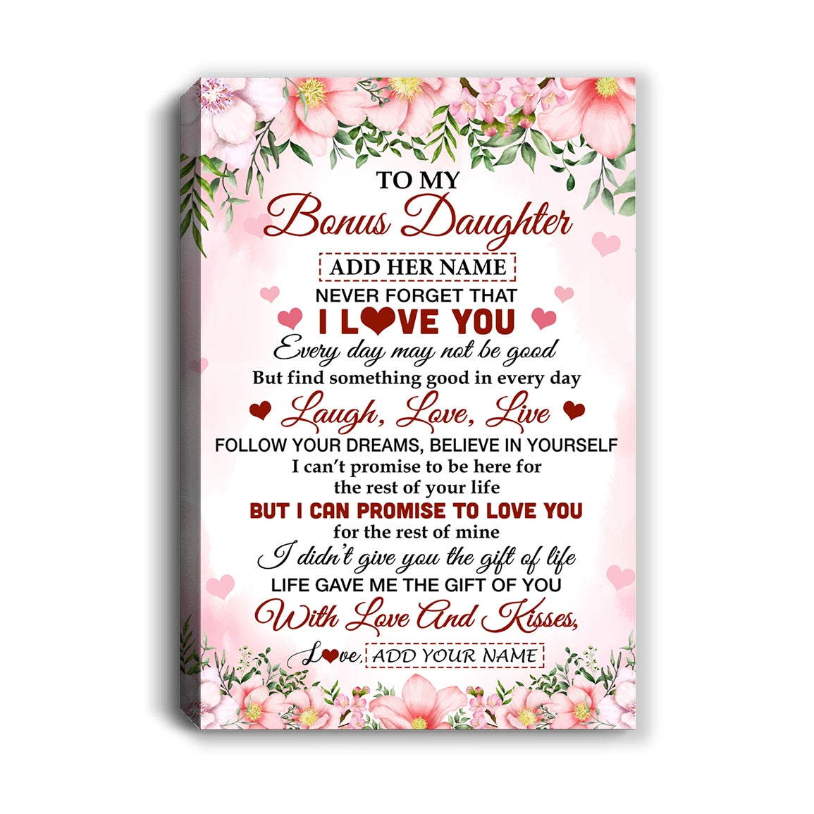 Personalized To My Bonus Daughter Gifts Canvas From Step Mom Floral I Love You Birthday Gifts For Stepdaughter Graduation Christmas Custom Wall Art Framed Canvas | siriusteestore