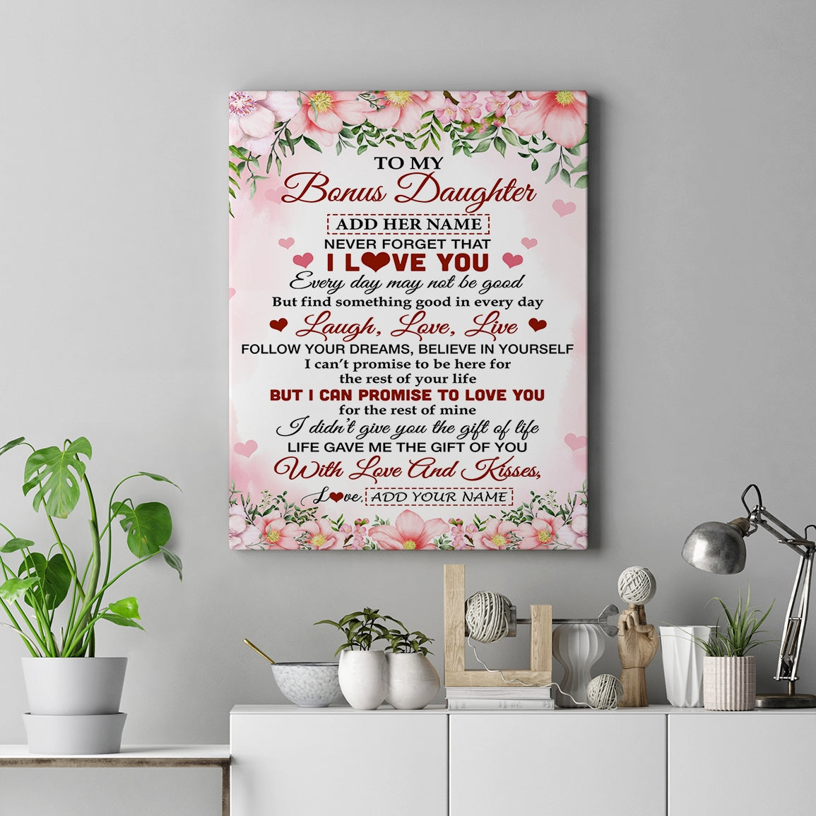 Personalized To My Bonus Daughter Gifts Canvas From Step Mom Floral I Love You Birthday Gifts For Stepdaughter Graduation Christmas Custom Wall Art Framed Canvas | siriusteestore