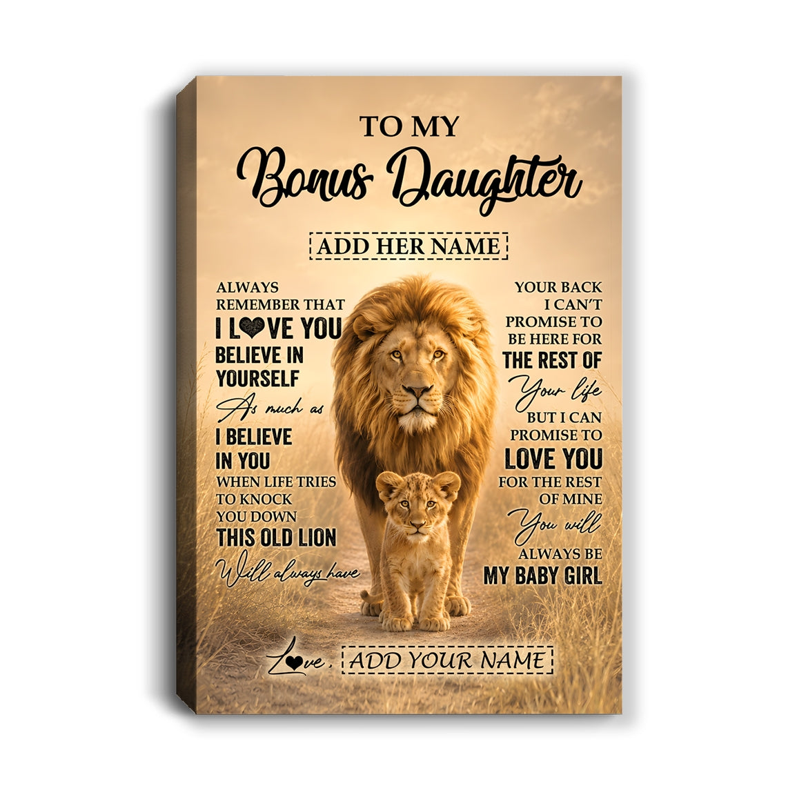Personalized To My Bonus Daughter Gifts Canvas From Stepdad Always Remember Lion Gifts For Stepdaughter Birthday Graduation Christmas Custom Wall Art Framed Canvas | siriusteestore