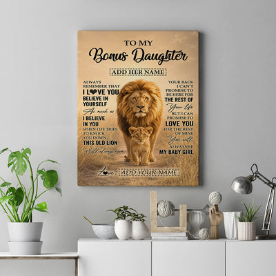 Personalized To My Bonus Daughter Gifts Canvas From Stepdad Always Remember Lion Gifts For Stepdaughter Birthday Graduation Christmas Custom Wall Art Framed Canvas | siriusteestore