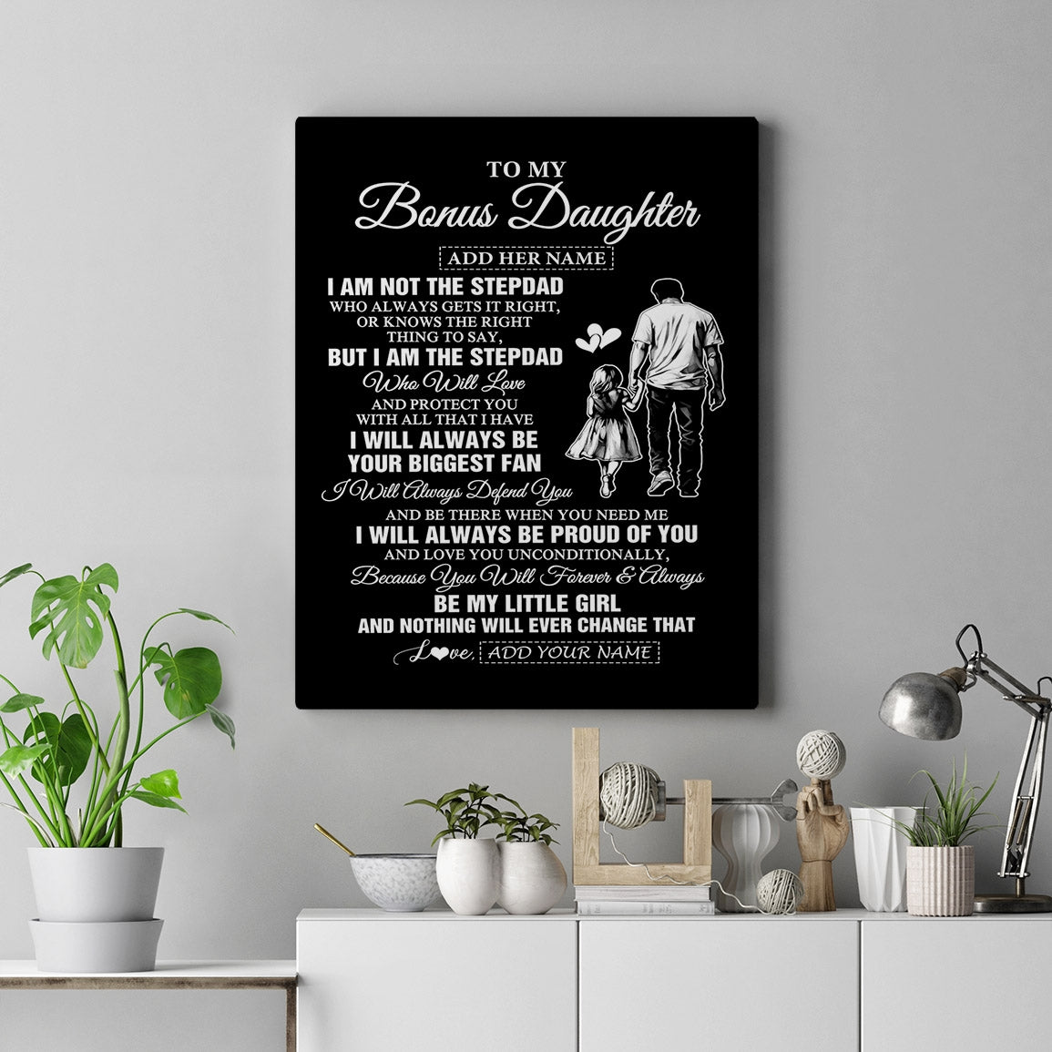 Personalized To My Bonus Daughter Gifts Canvas From Stepdad Biggest Fan Birthday Gifts For Stepdaughter From Stepfather Christmas Custom Wall Art Framed Canvas | siriusteestore