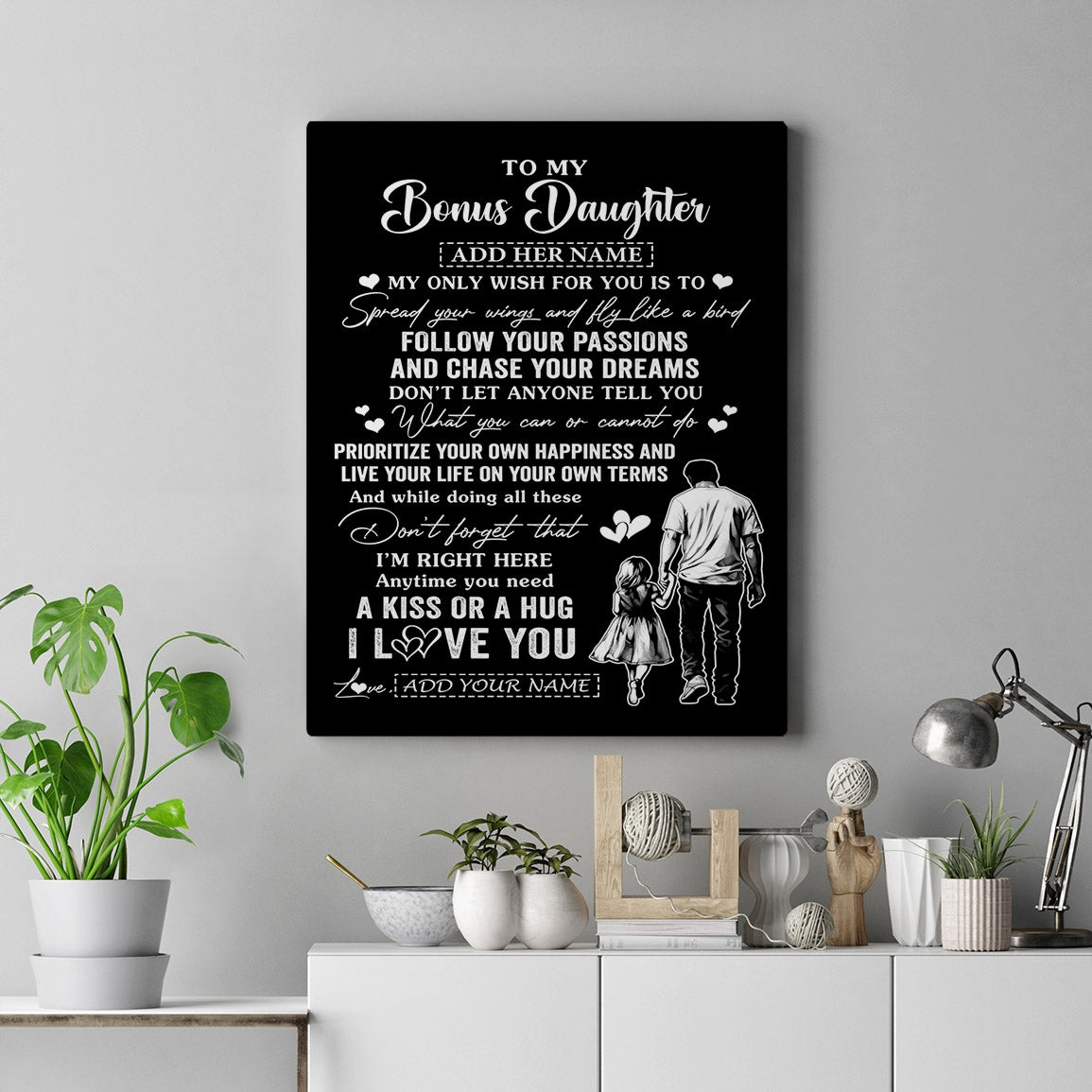 Personalized To My Bonus Daughter Gifts Canvas From Stepdad My Only Wish For You Stepdaughter Birthday Gifts Graduation Christmas Custom Wall Art Print Framed Canvas | siriusteestore