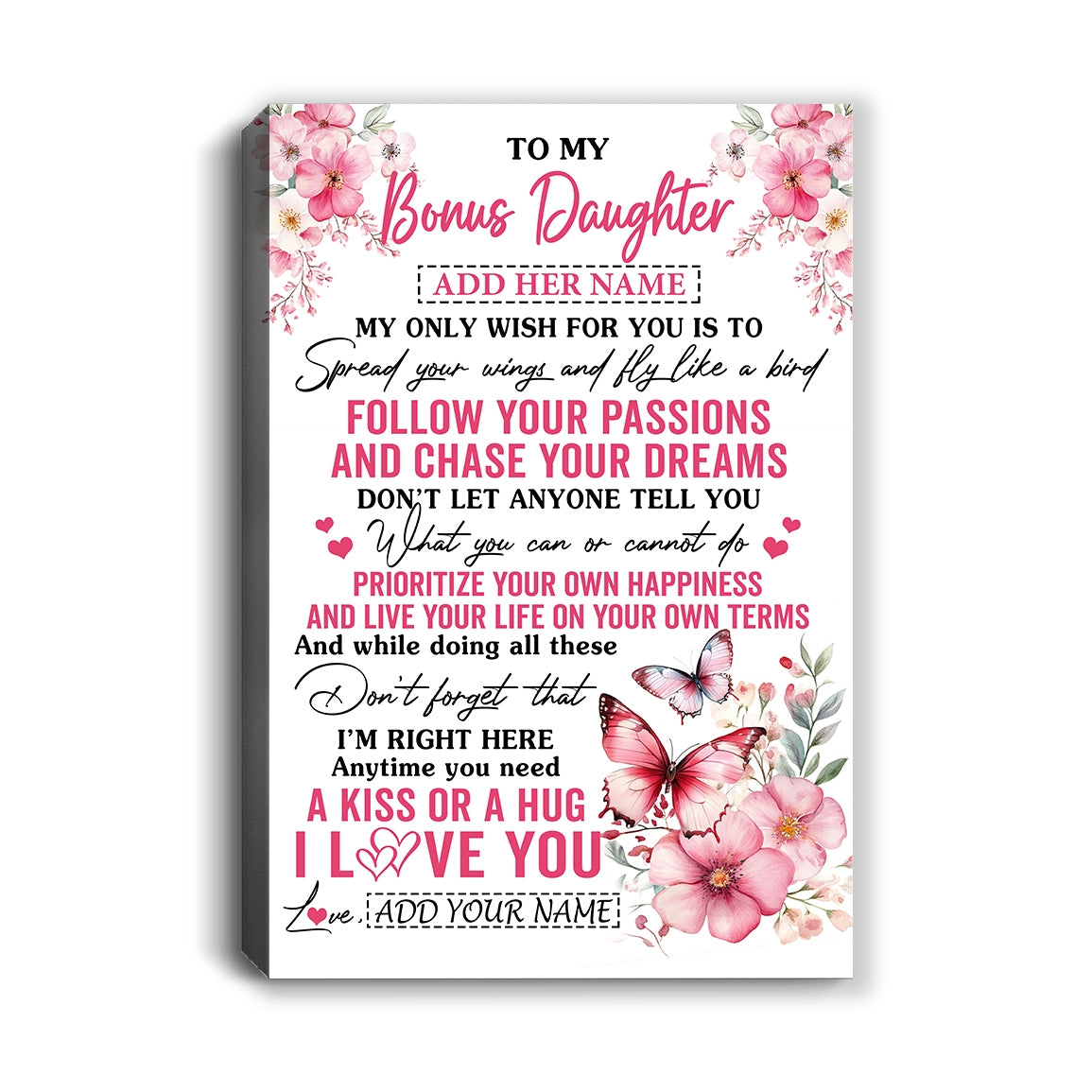 Personalized To My Bonus Daughter Gifts Canvas From Stepmom Butterfly My Only Wish For You Stepdaughter Birthday Gifts Graduation Christmas Custom Print Framed Canvas | siriusteestore