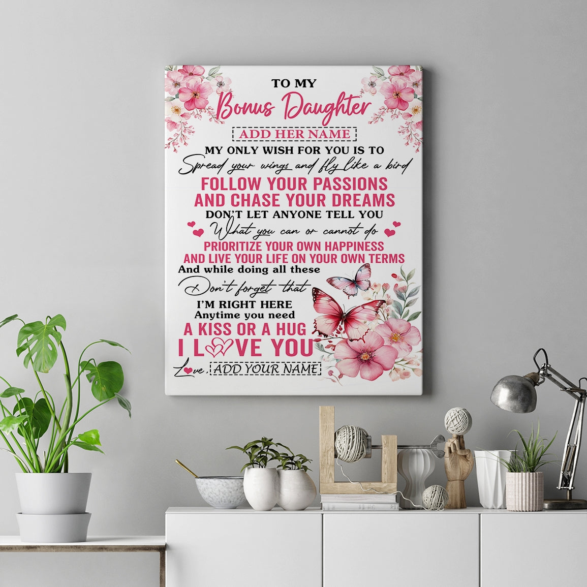 Personalized To My Bonus Daughter Gifts Canvas From Stepmom Butterfly My Only Wish For You Stepdaughter Birthday Gifts Graduation Christmas Custom Print Framed Canvas | siriusteestore