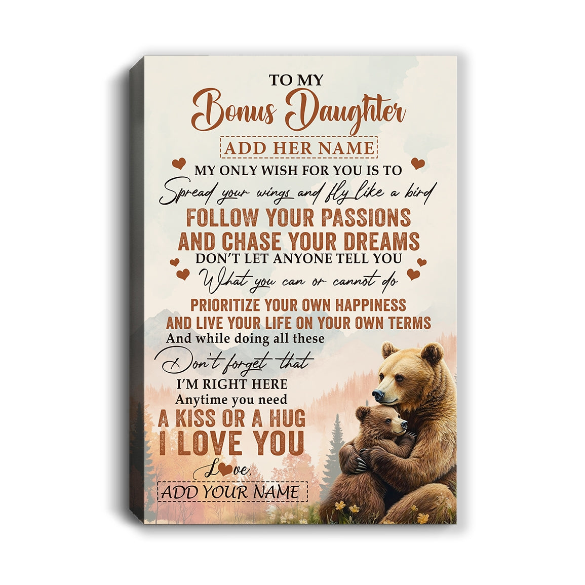 Personalized To My Bonus Daughter Gifts Canvas From Stepmom Stepdad Bear My Only Wish For You Stepdaughter Birthday Gifts Graduation Christmas Custom Art Framed Canvas | siriusteestore
