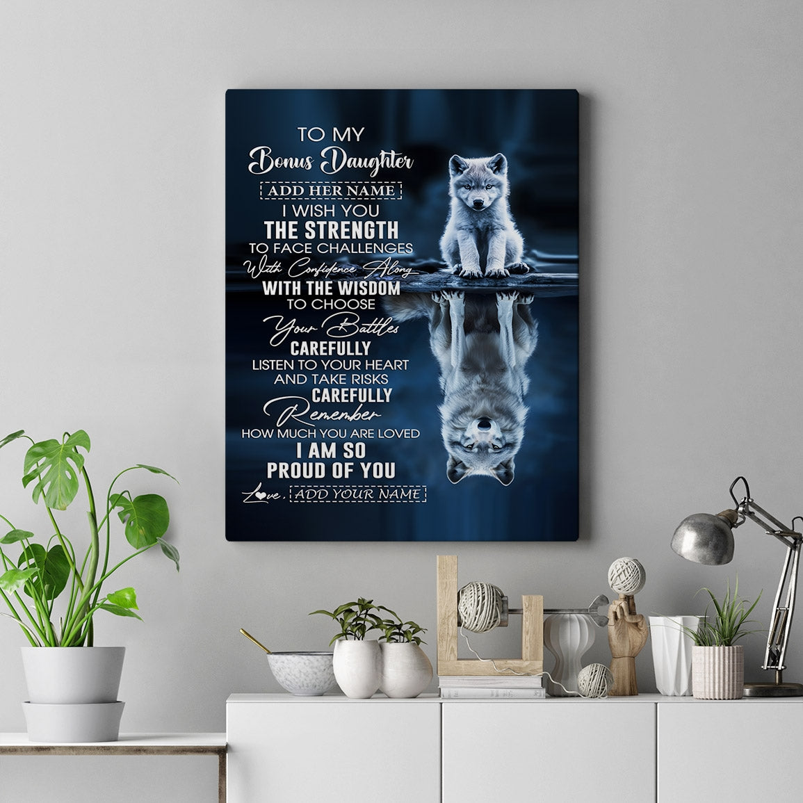 Personalized To My Bonus Daughter Gifts Canvas From Stepmom Stepdad I Wish You The Strength Wolf Stepdaughter Birthday Gifts Christmas Custom Wall Art Framed Canvas | siriusteestore