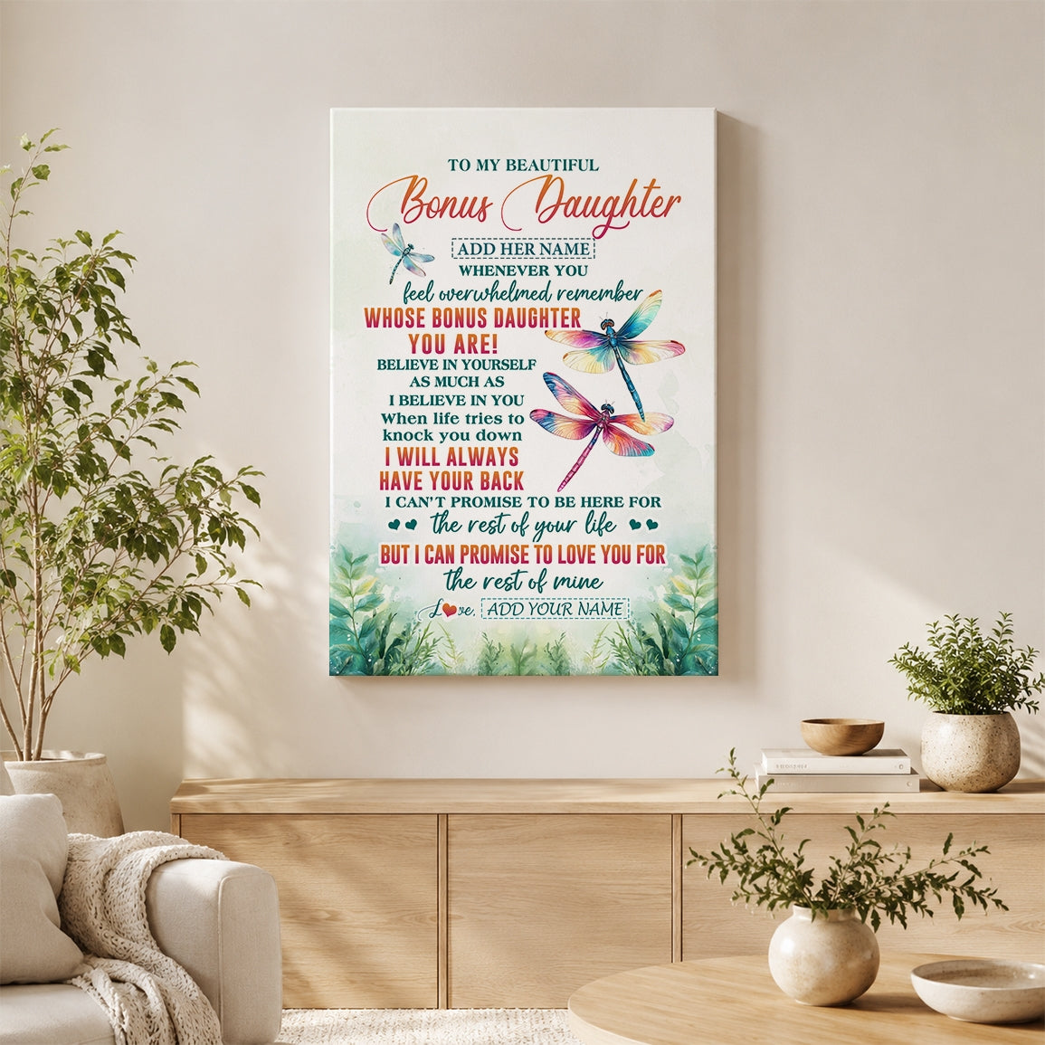 Personalized To My Bonus Daughter Gifts Canvas From Stepmom Stepdad Whenever You Feel Dragonfly Stepdaughter Birthday Gifts Christmas Custom Wall Art Framed Canvas | siriusteestore
