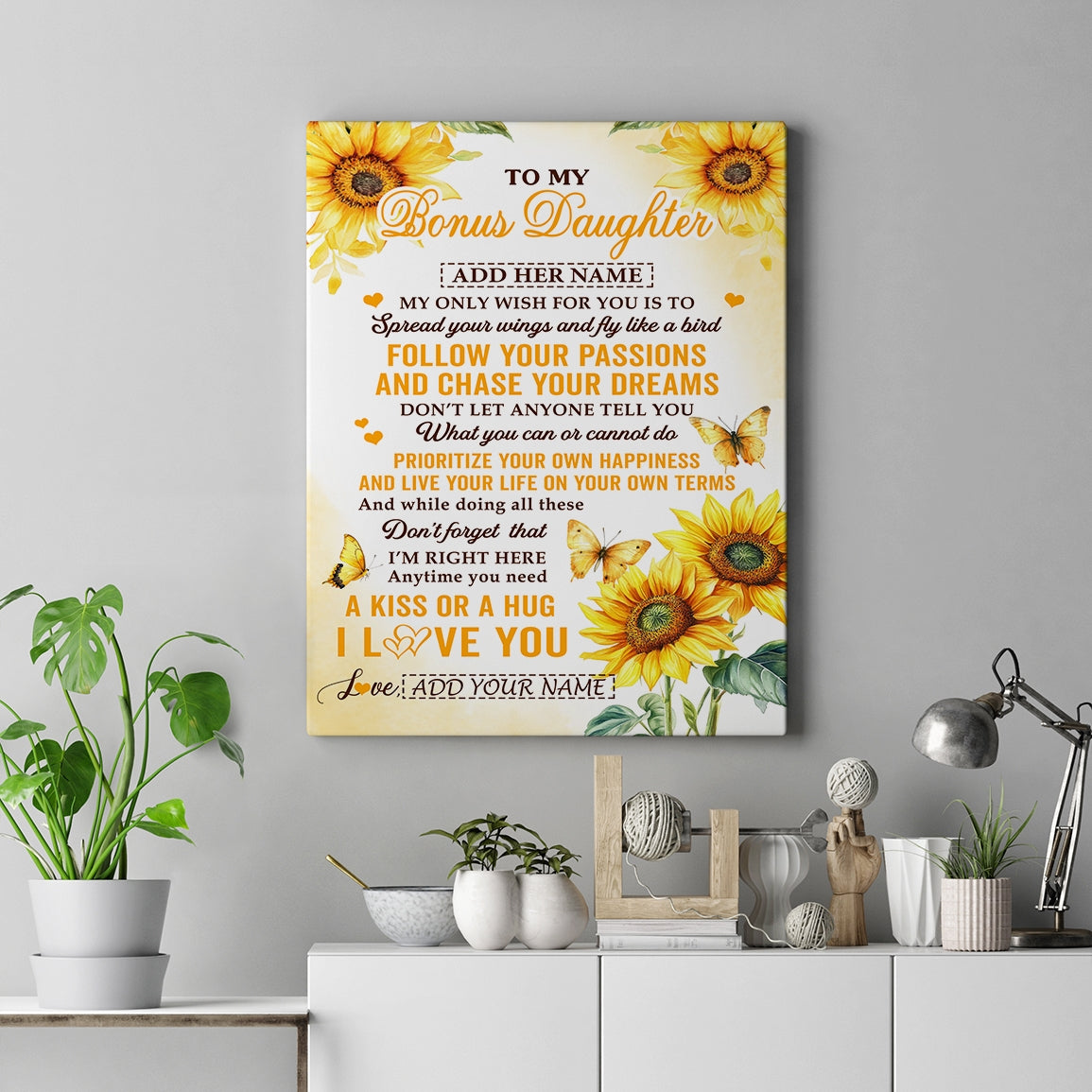 Personalized To My Bonus Daughter Gifts Canvas From Stepmom Sunflower My Only Wish For You Stepdaughter Birthday Gifts Graduation Christmas Custom Art Framed Canvas | siriusteestore