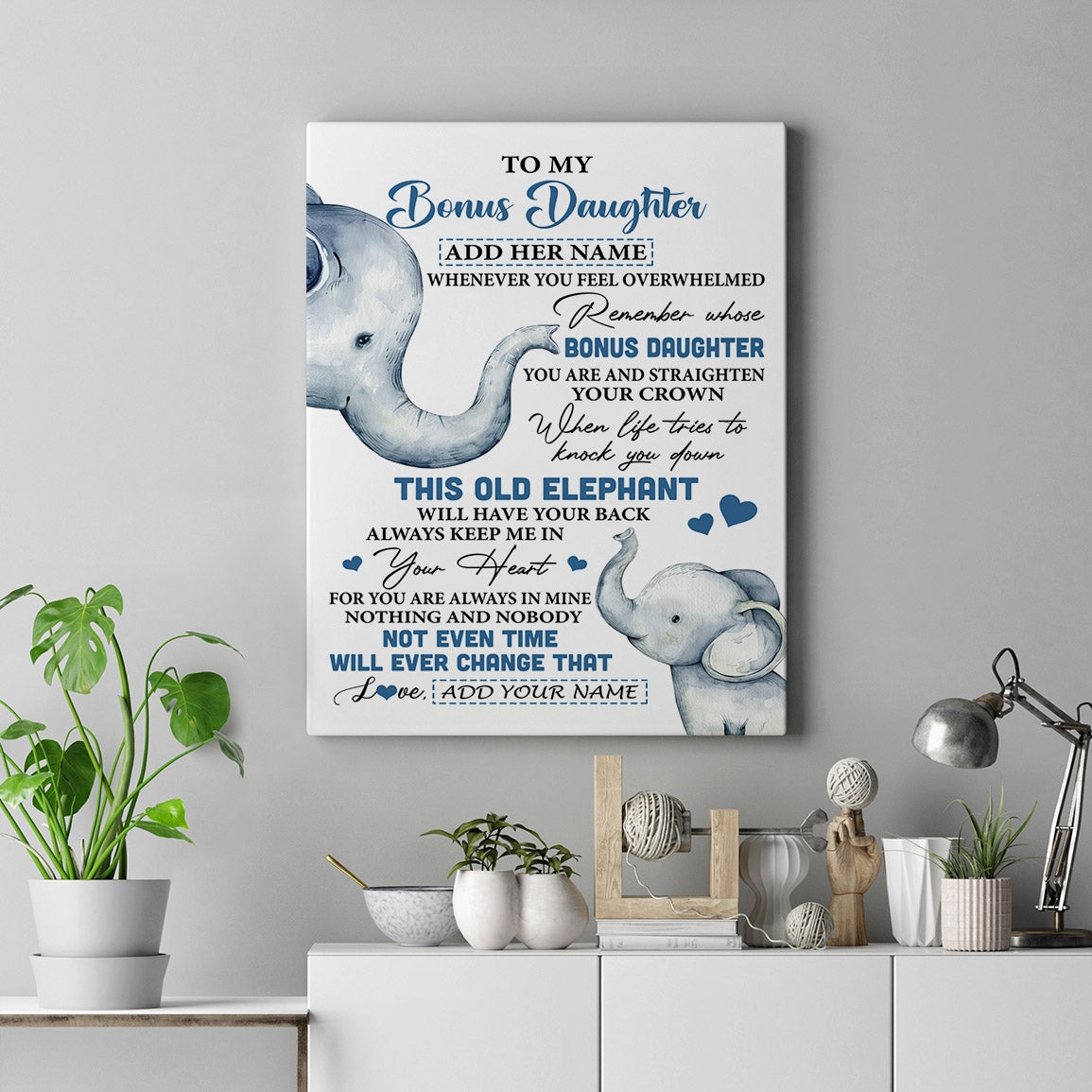 Personalized To My Bonus Daughter Gifts Canvas From Stepmom Whenever Elephant Unique Birthday Gifts For Stepdaughter Graduation Christmas Custom Print Framed Canvas | siriusteestore
