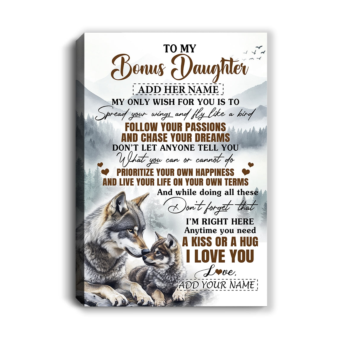 Personalized To My Bonus Daughter Gifts Canvas From Stepmom Wolf My Only Wish For You Stepdaughter Birthday Gifts Graduation Christmas Custom Wall Art Framed Canvas | siriusteestore