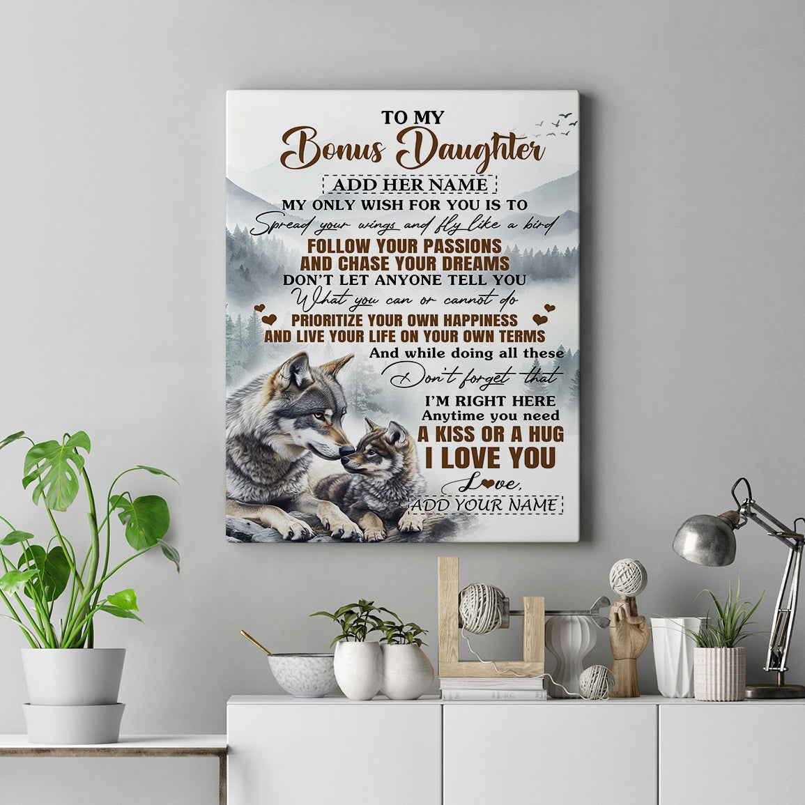 Personalized To My Bonus Daughter Gifts Canvas From Stepmom Wolf My Only Wish For You Stepdaughter Birthday Gifts Graduation Christmas Custom Wall Art Framed Canvas | siriusteestore