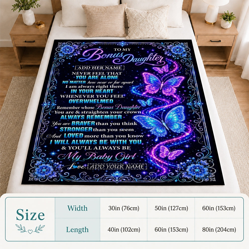 Personalized To My Bonus Daughter Gifts From Dad Mom Blanket Galaxy Butterfly Always Remember Custom Gift For Stepdaughter Birthday Christmas Fleece Blanket | siriusteestore