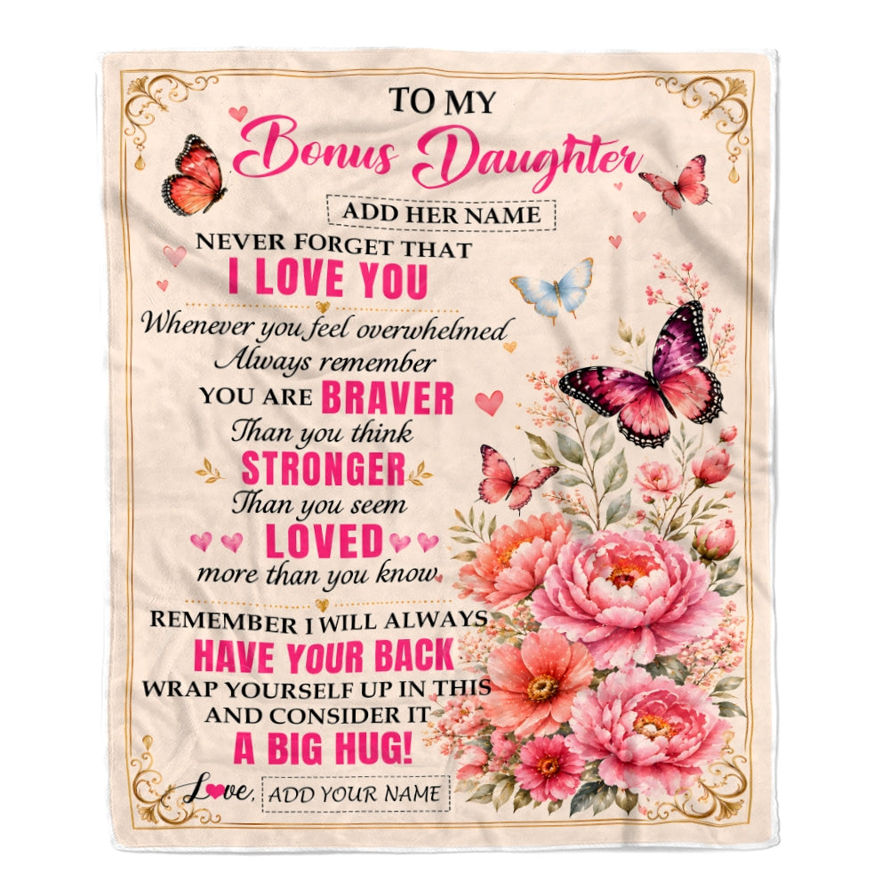 Personalized To My Bonus Daughter Gifts From Dad Mom Blanket Pink Butterfly I Love You Birthday Gift For Stepdaughter Christmas Custom Fleece Throw Blanket | siriusteestore