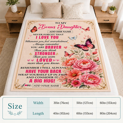Personalized To My Bonus Daughter Gifts From Dad Mom Blanket Pink Butterfly I Love You Birthday Gift For Stepdaughter Christmas Custom Fleece Throw Blanket | siriusteestore