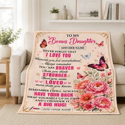 Personalized To My Bonus Daughter Gifts From Dad Mom Blanket Pink Butterfly I Love You Birthday Gift For Stepdaughter Christmas Custom Fleece Throw Blanket | siriusteestore