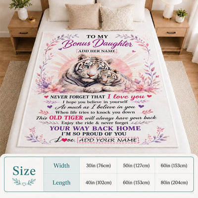 Personalized To My Bonus Daughter Gifts From Dad Mom Blanket White Tiger This Old Tiger Birthday Christmas Gift For Stepdaughter Custom Fleece Throw Blanket | siriusteestore
