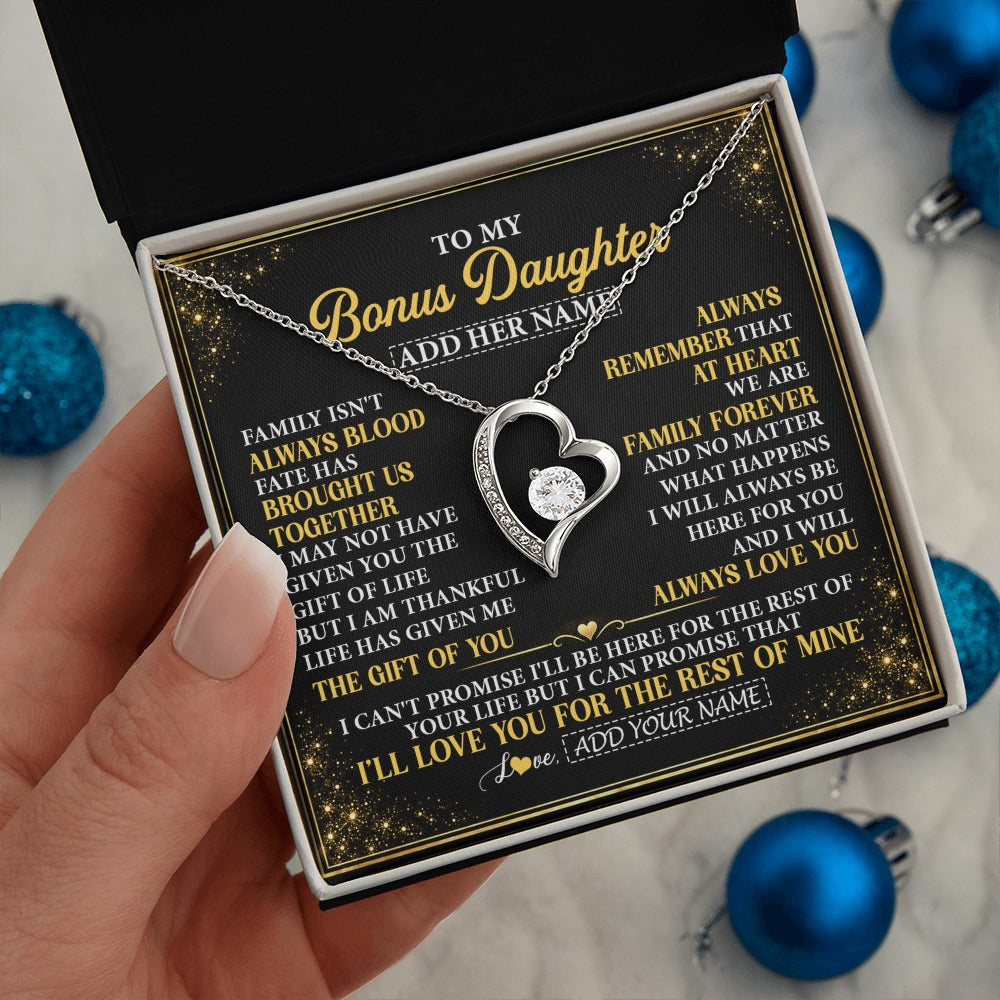 Forever Love Necklace 14K White Gold Finish | 2 | Personalized To My Bonus Daughter Gifts From Mom Dad Family Forever Neclace For Step Daughter Birthday Gifts Christmas Customized Gift Box Message Card | https://siriusteestore.