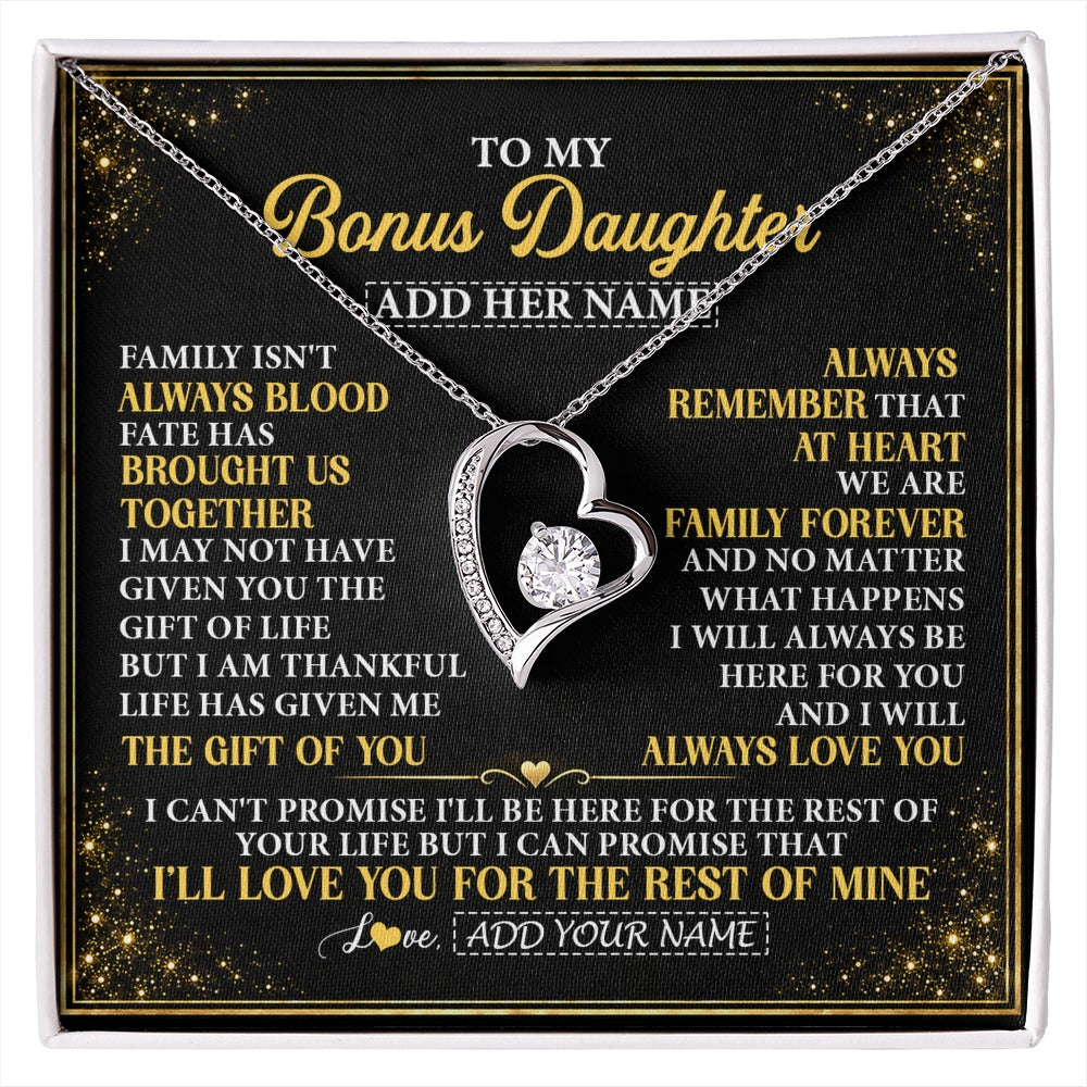 Forever Love Necklace 14K White Gold Finish | 1 | Personalized To My Bonus Daughter Gifts From Mom Dad Family Forever Neclace For Step Daughter Birthday Gifts Christmas Customized Gift Box Message Card | https://siriusteestore.