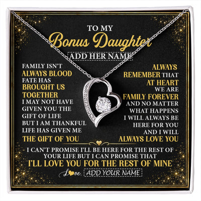 Forever Love Necklace 14K White Gold Finish | 1 | Personalized To My Bonus Daughter Gifts From Mom Dad Family Forever Neclace For Step Daughter Birthday Gifts Christmas Customized Gift Box Message Card | https://siriusteestore.