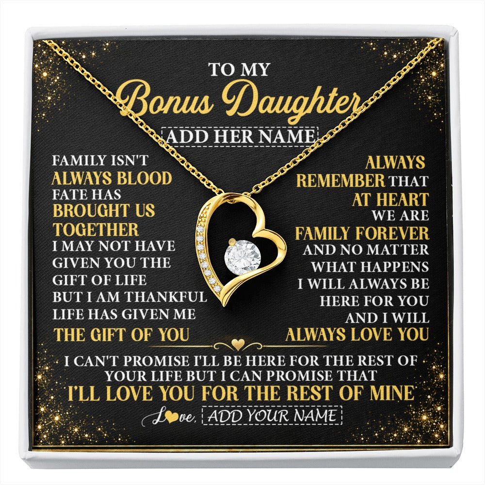 Forever Love Necklace 18K Yellow Gold Finish | 1 | Personalized To My Bonus Daughter Gifts From Mom Dad Family Forever Neclace For Step Daughter Birthday Gifts Christmas Customized Gift Box Message Card | https://siriusteestore.