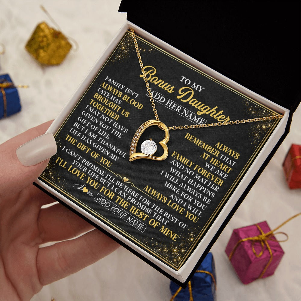 Forever Love Necklace 18K Yellow Gold Finish | 2 | Personalized To My Bonus Daughter Gifts From Mom Dad Family Forever Neclace For Step Daughter Birthday Gifts Christmas Customized Gift Box Message Card | https://siriusteestore.