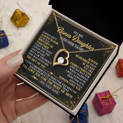 Forever Love Necklace 18K Yellow Gold Finish | 2 | Personalized To My Bonus Daughter Gifts From Mom Dad Family Forever Neclace For Step Daughter Birthday Gifts Christmas Customized Gift Box Message Card | https://siriusteestore.