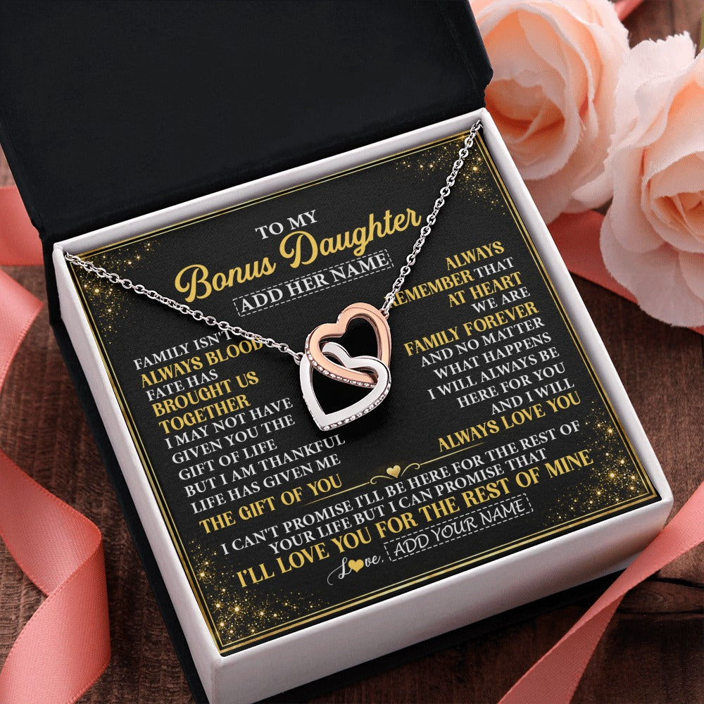 Interlocking Hearts Necklace Stainless Steel & Rose Gold Finish | 2 | Personalized To My Bonus Daughter Gifts From Mom Dad Family Forever Neclace For Step Daughter Birthday Gifts Christmas Customized Gift Box Message Card | https://siriusteestore.