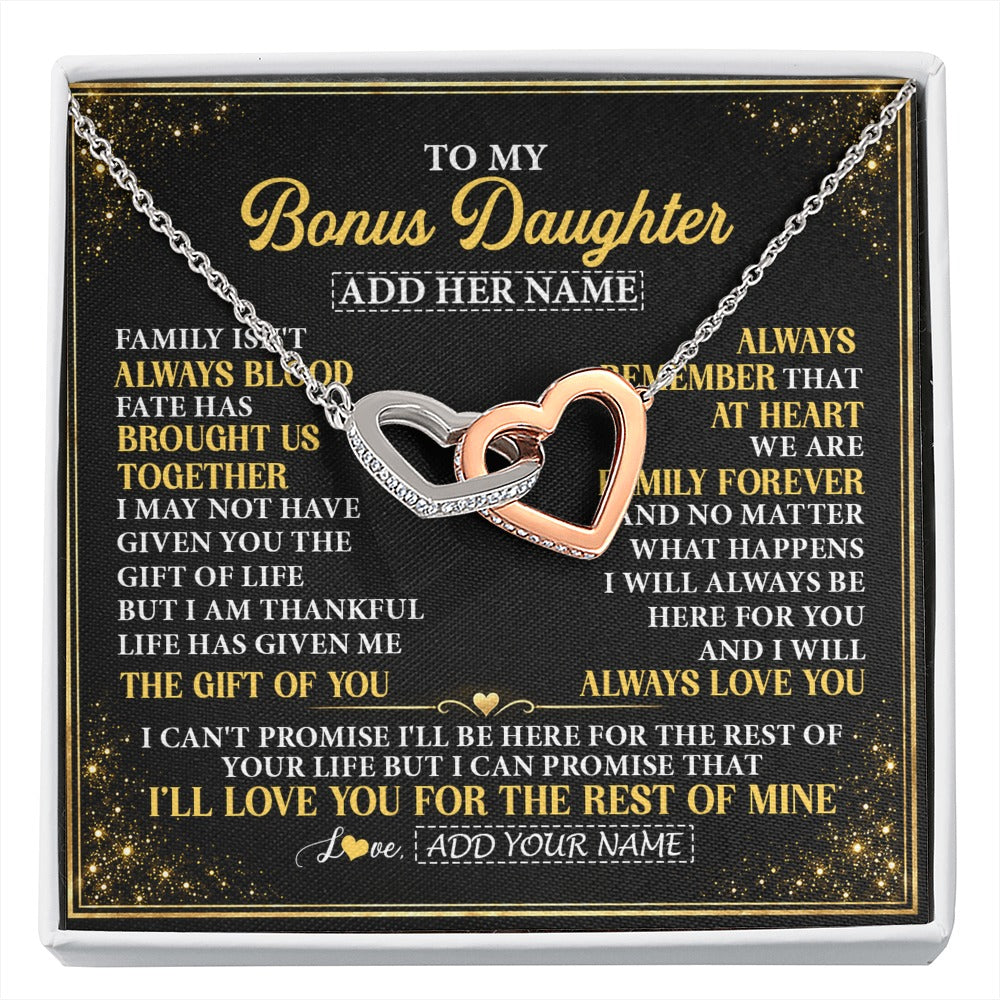 Interlocking Hearts Necklace Stainless Steel & Rose Gold Finish | 1 | Personalized To My Bonus Daughter Gifts From Mom Dad Family Forever Neclace For Step Daughter Birthday Gifts Christmas Customized Gift Box Message Card | https://siriusteestore.