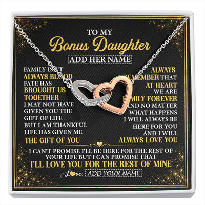 Interlocking Hearts Necklace Stainless Steel & Rose Gold Finish | 1 | Personalized To My Bonus Daughter Gifts From Mom Dad Family Forever Neclace For Step Daughter Birthday Gifts Christmas Customized Gift Box Message Card | https://siriusteestore.