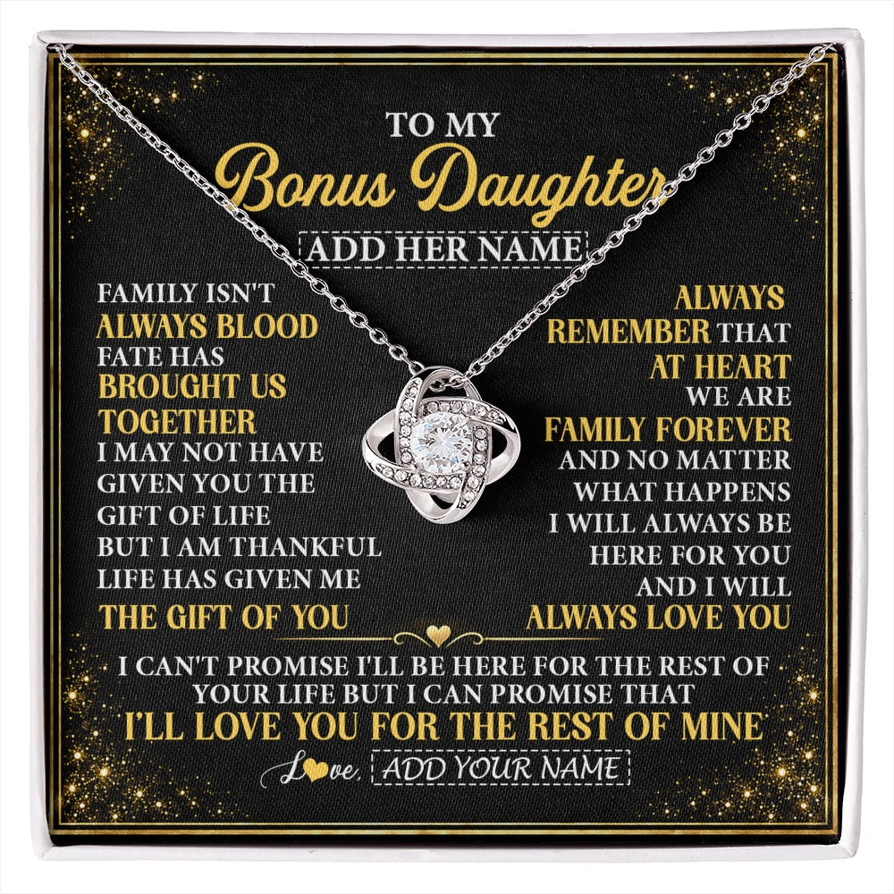 Love Knot Necklace 14K White Gold Finish | 1 | Personalized To My Bonus Daughter Gifts From Mom Dad Family Forever Neclace For Step Daughter Birthday Gifts Christmas Customized Gift Box Message Card | https://siriusteestore.