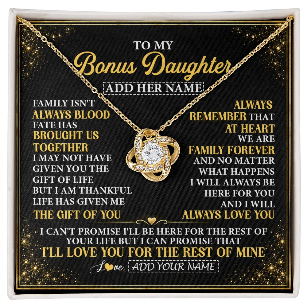 Love Knot Necklace 18K Yellow Gold Finish | 1 | Personalized To My Bonus Daughter Gifts From Mom Dad Family Forever Neclace For Step Daughter Birthday Gifts Christmas Customized Gift Box Message Card | https://siriusteestore.