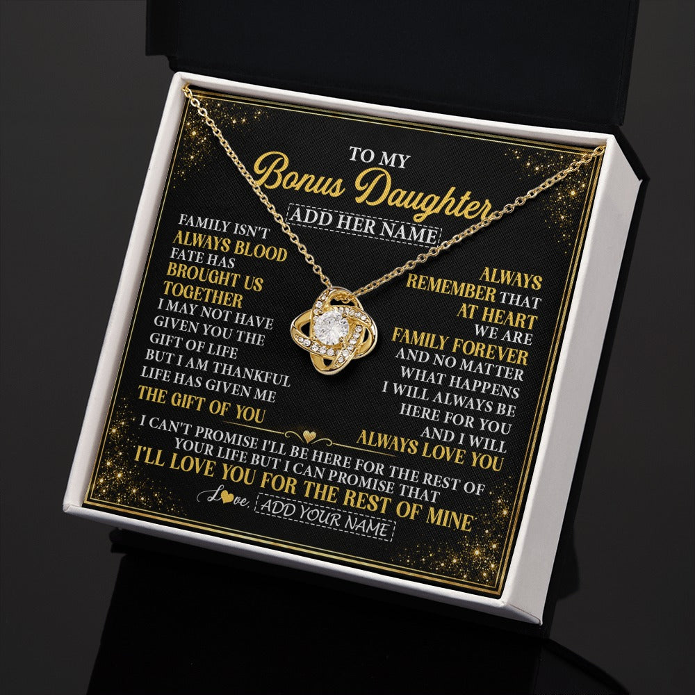 Love Knot Necklace 18K Yellow Gold Finish | 2 | Personalized To My Bonus Daughter Gifts From Mom Dad Family Forever Neclace For Step Daughter Birthday Gifts Christmas Customized Gift Box Message Card | https://siriusteestore.