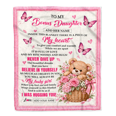 Personalized To My Bonus Daughter Gifts From Mom Dad Inside This Blanket Butterfly Bear Birthday Gift For Stepdaughter Graduation Christmas Fleece Blanket | siriusteestore