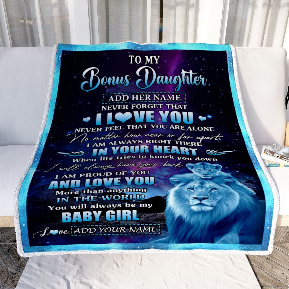 Personalized To My Bonus Daughter Gifts From Step Dad Blanket I Love You Lion Birthday Gift Ideas For Stepdaughter Graduation Christmas Fleece Throw Blanket | siriusteestore