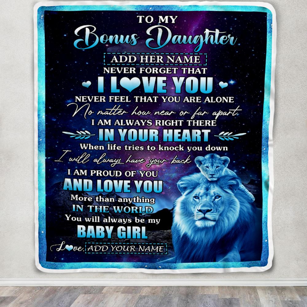 Personalized To My Bonus Daughter Gifts From Step Dad Blanket I Love You Lion Birthday Gift Ideas For Stepdaughter Graduation Christmas Fleece Throw Blanket | siriusteestore