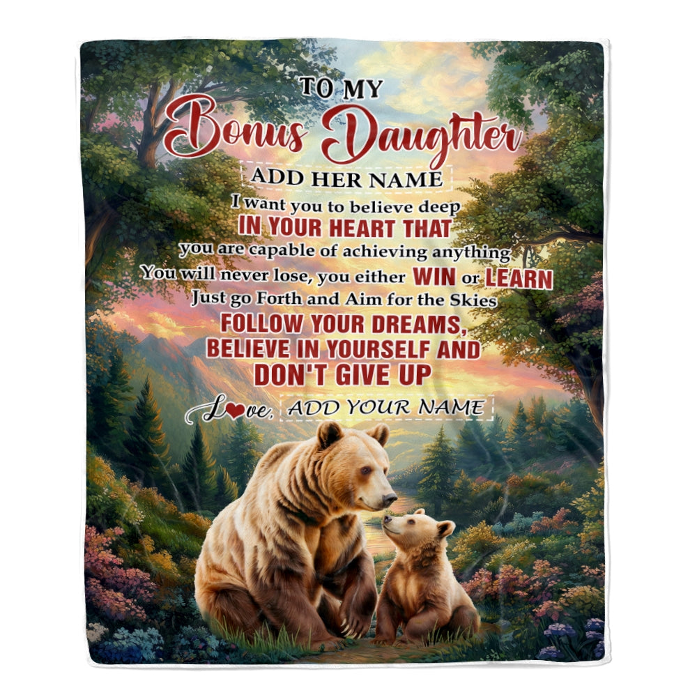 Personalized To My Bonus Daughter Gifts From Step Mom Blanket Don't Give Up Bear Gifts For Stepdaughter Birthday Graduation Christmas Customized Fleece Blanket | siriusteestore