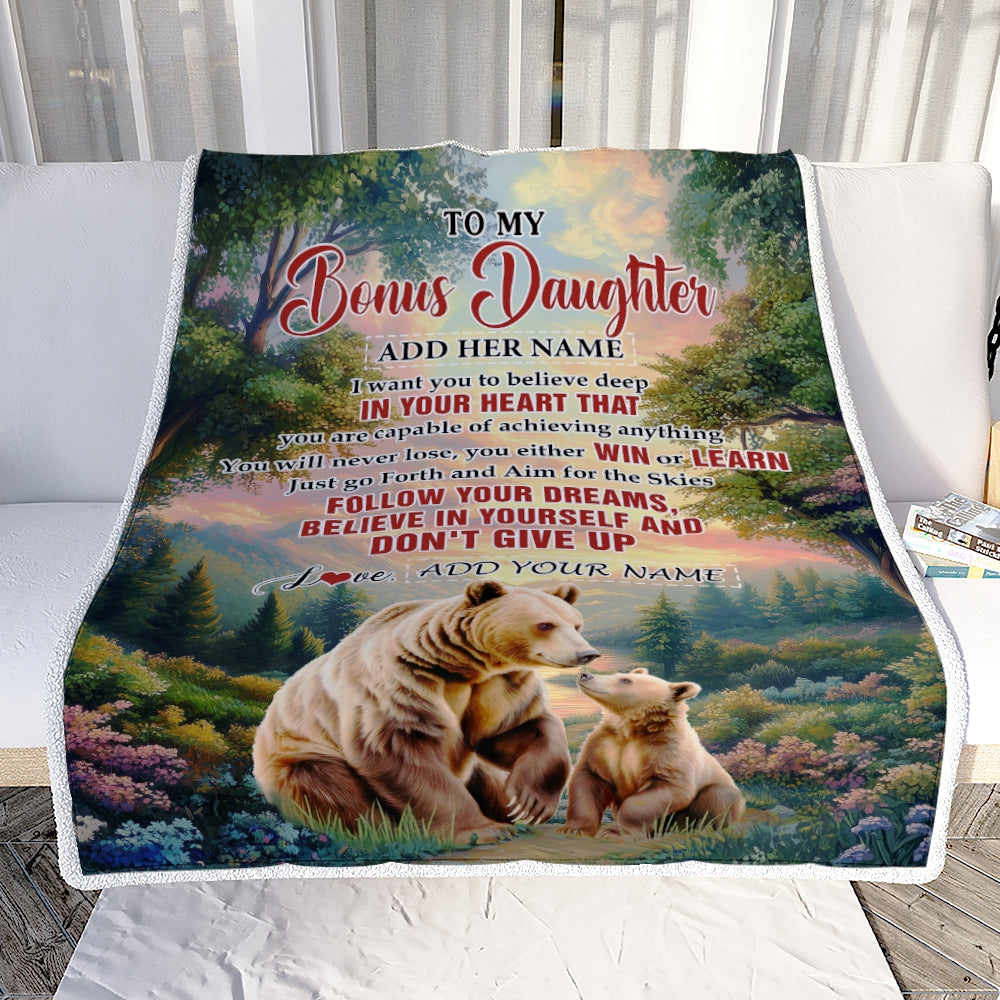 Personalized To My Bonus Daughter Gifts From Step Mom Blanket Don't Give Up Bear Gifts For Stepdaughter Birthday Graduation Christmas Customized Fleece Blanket | siriusteestore