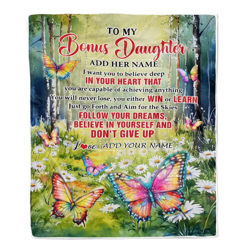 Personalized To My Bonus Daughter Gifts From Step Mom Blanket Don't Give Up Butterfly Gifts For Stepdaughter Birthday Graduation Christmas Fleece Blanket | siriusteestore