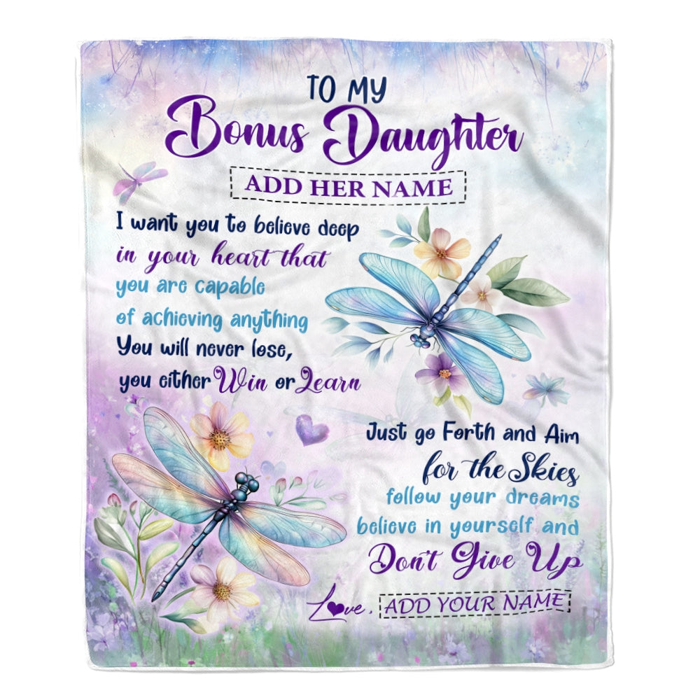 Personalized To My Bonus Daughter Gifts From Step Mom Blanket Don't Give Up Dragonfly Gifts For Stepdaughter Birthday Graduation Christmas Fleece Blanket | siriusteestore